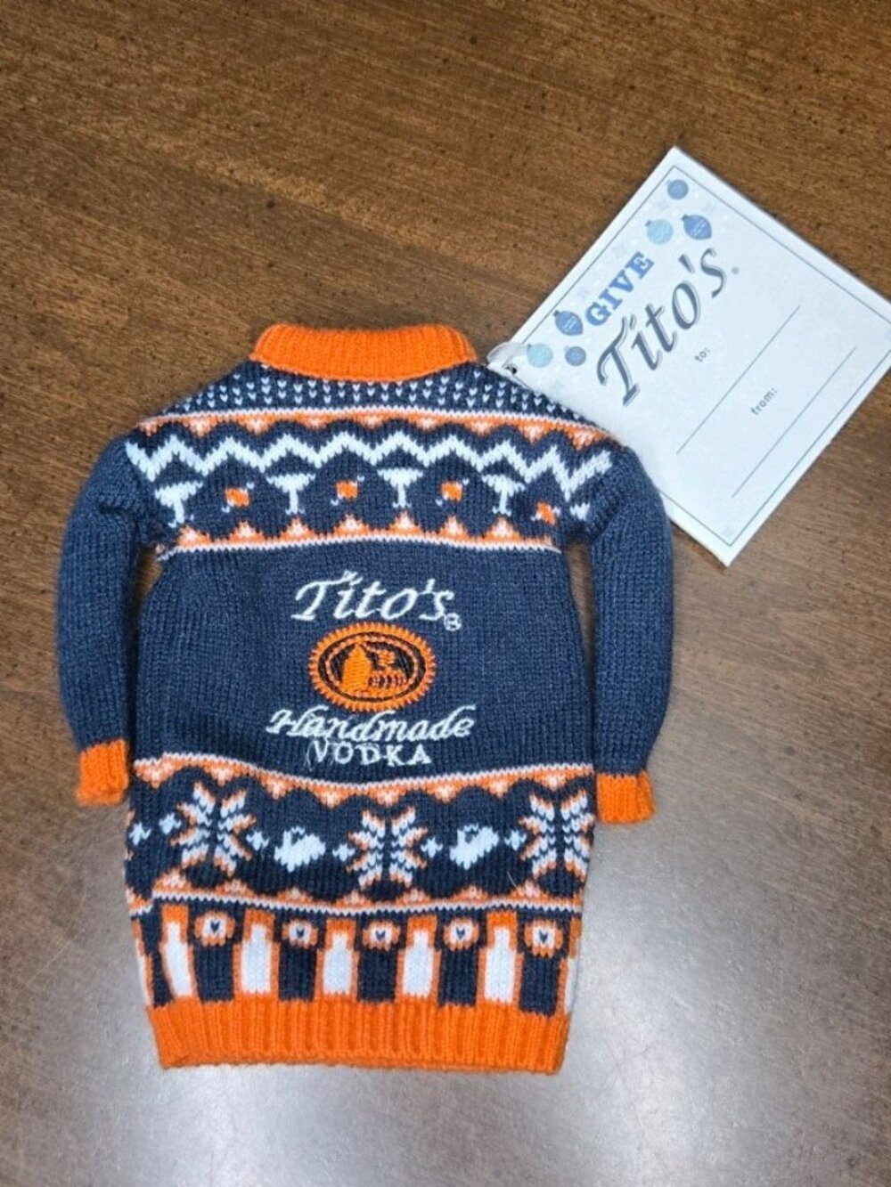 Tito's Handmade Vodka Mini Christmas Ugly Sweater Bottle Cover Koozie